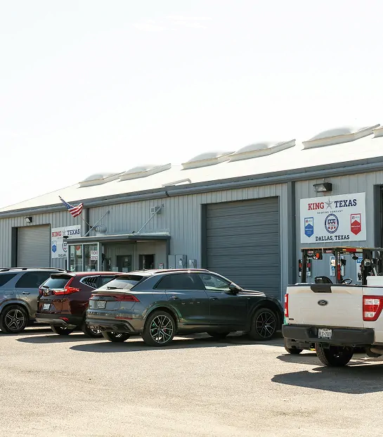 Exterior of King of Texas Roofing Company office and warehouse in Dallas, Texas