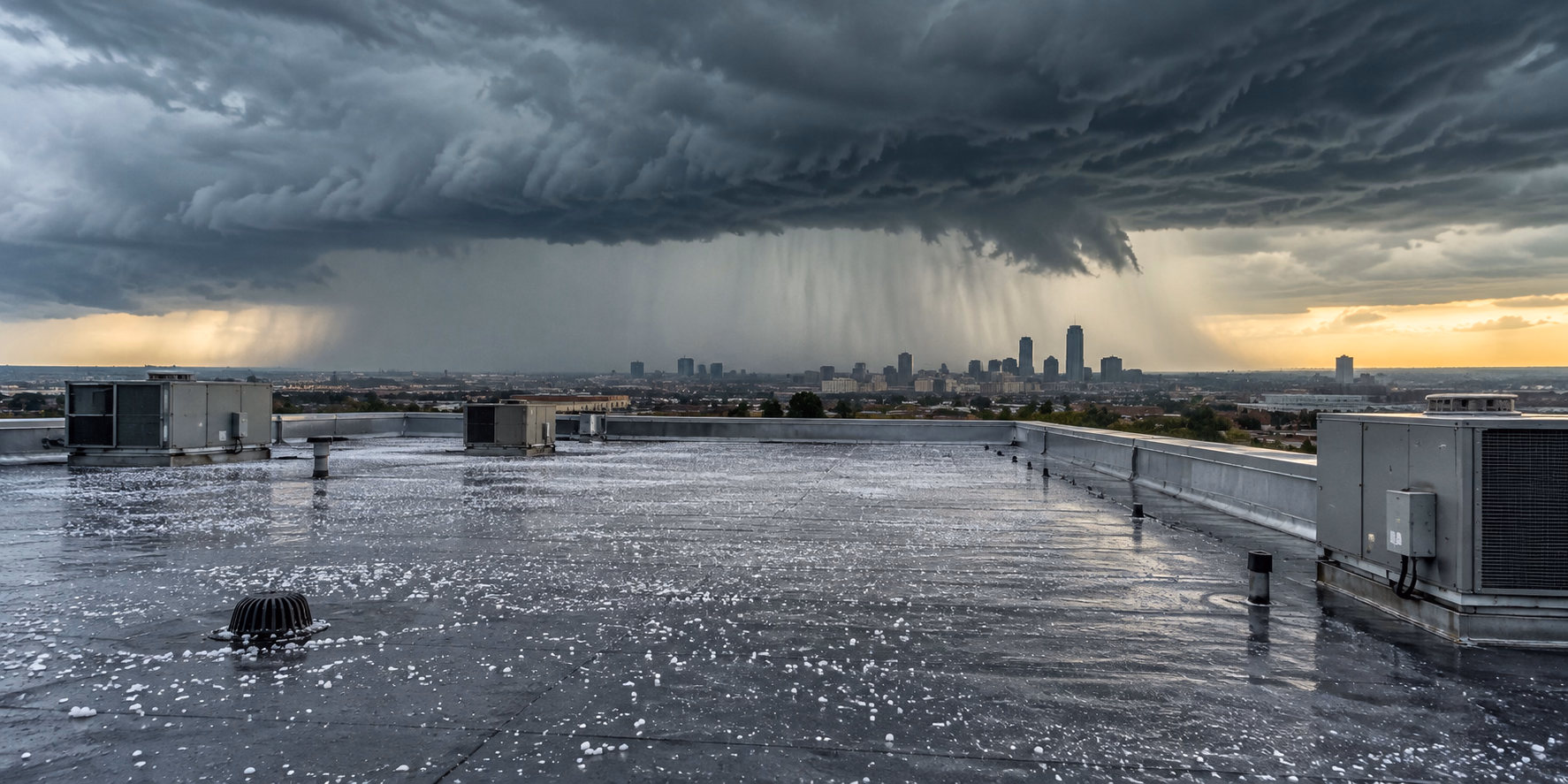 Severe storm approaching a low-slope commercial roof in Tulsa