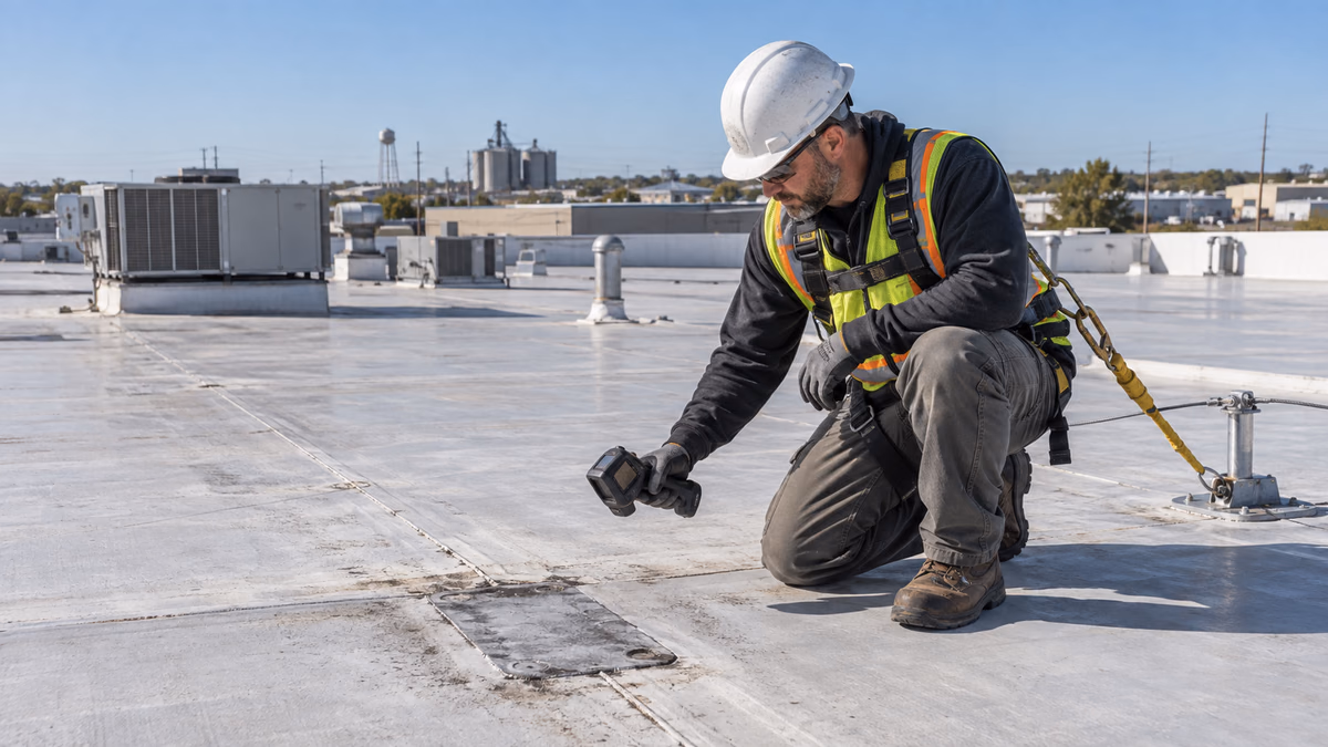 Commercial roofing technician using diagnostic equipment during a roof inspection in Oklahoma City