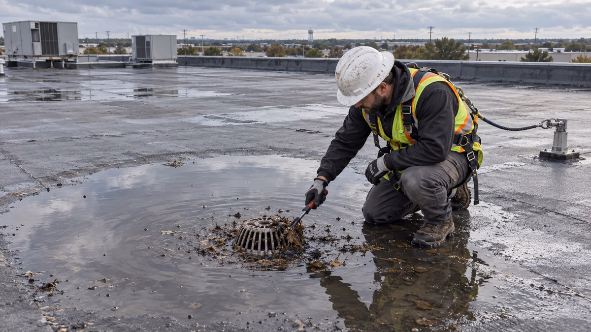 Commercial roofer clearing a clogged drain surrounded by standing water on a low-slope roof