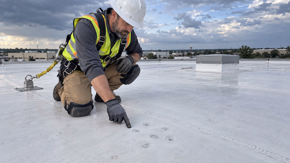 Commercial roofing professional inspecting hail damage on a low-slope roof in Oklahoma City