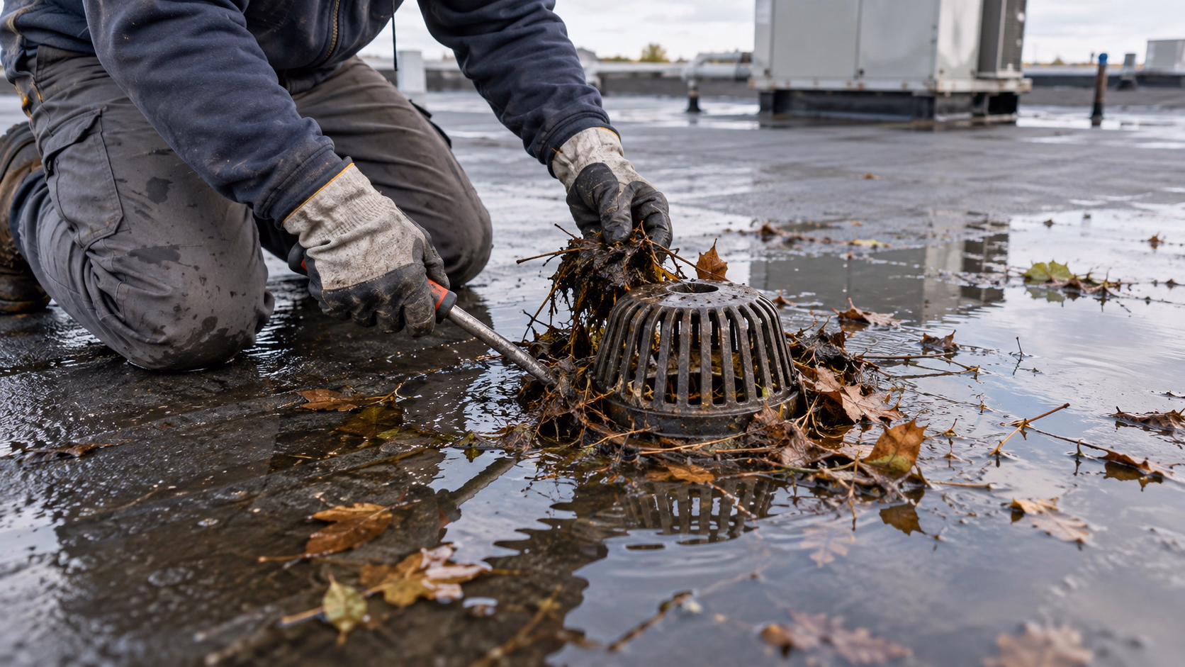 Commercial roofer clearing a clogged drain on a low-slope roof