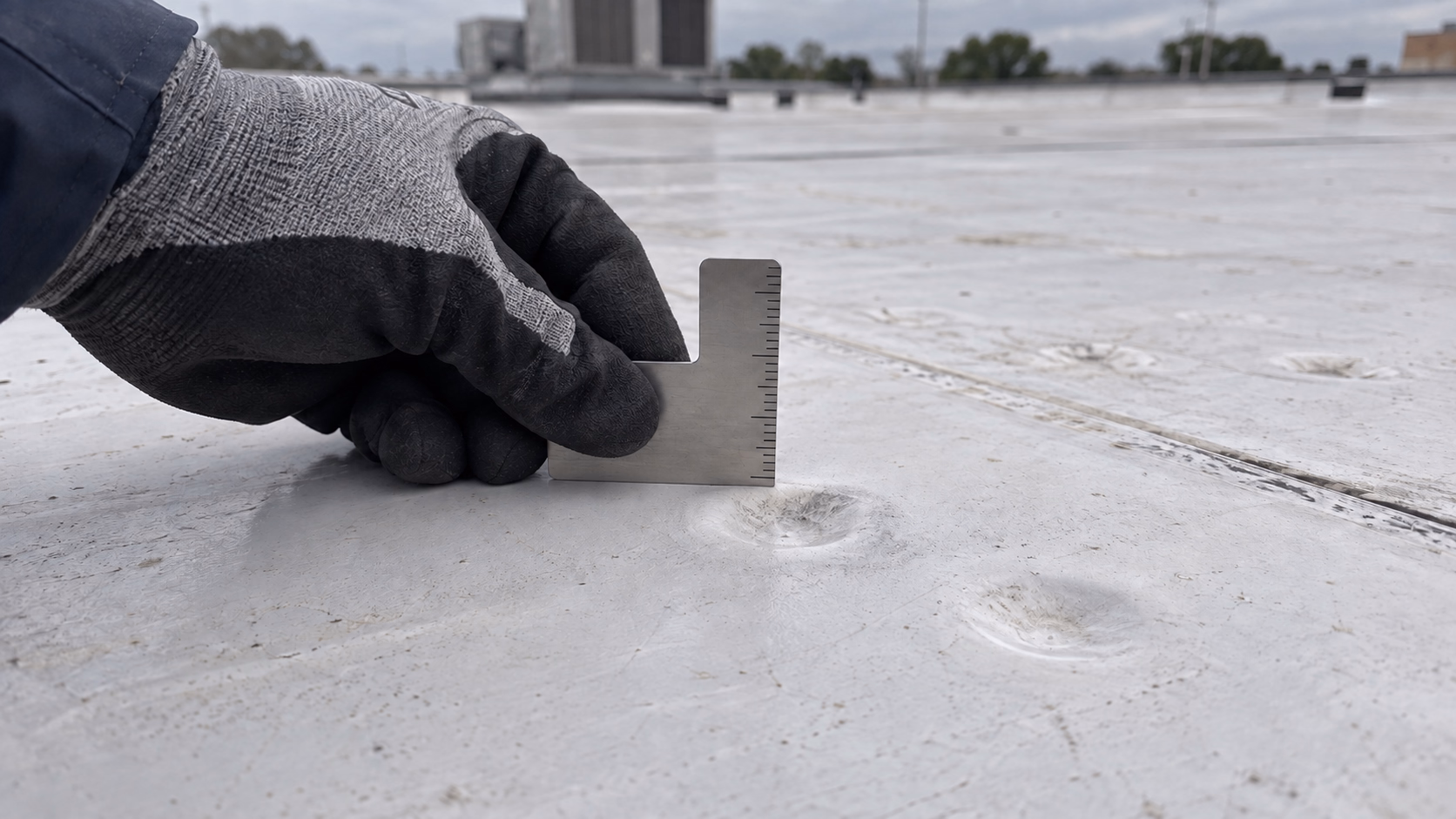 Commercial roof inspector measuring hail impact damage on a membrane roof in Tulsa