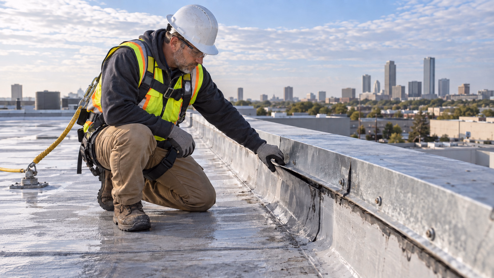 Commercial roofer inspecting perimeter seam damage on a Tulsa low-slope roof