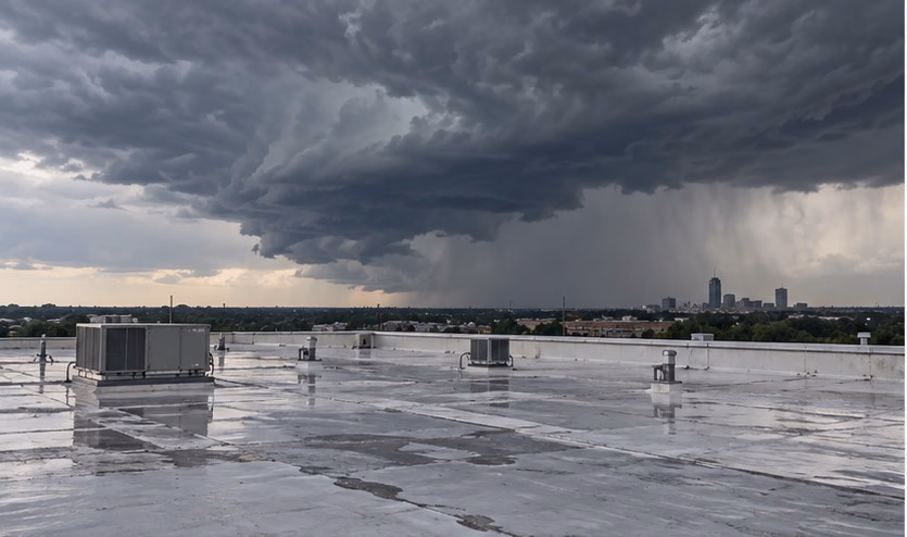 Severe storm clouds over a commercial roof in Oklahoma City