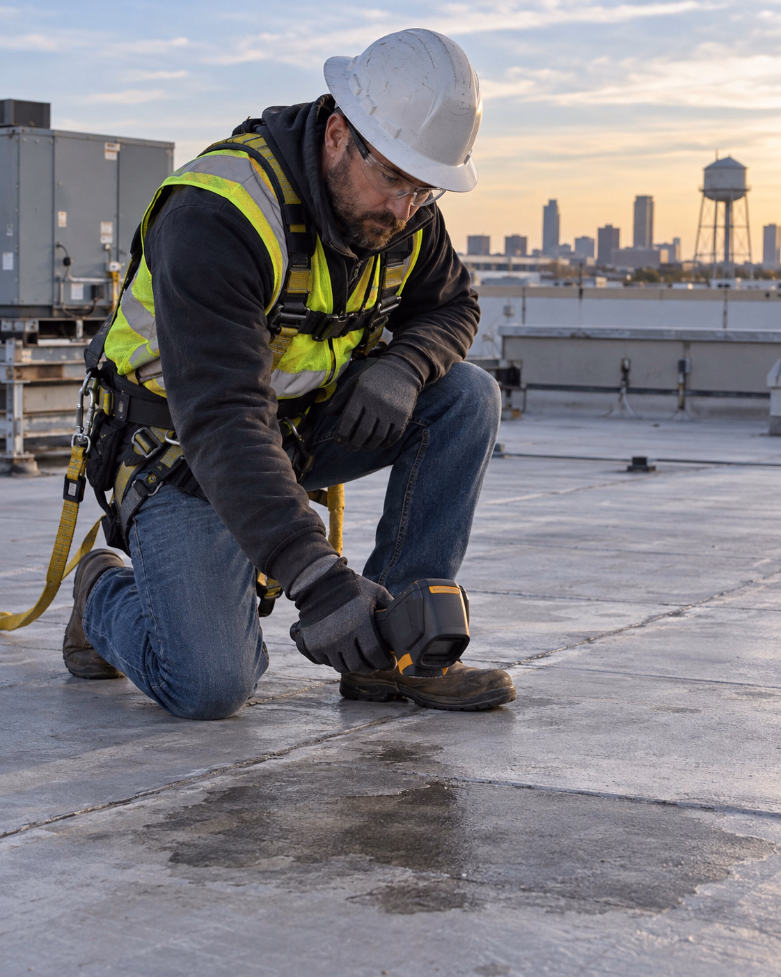 Commercial roofer using thermal diagnostic equipment during a Tulsa roof inspection