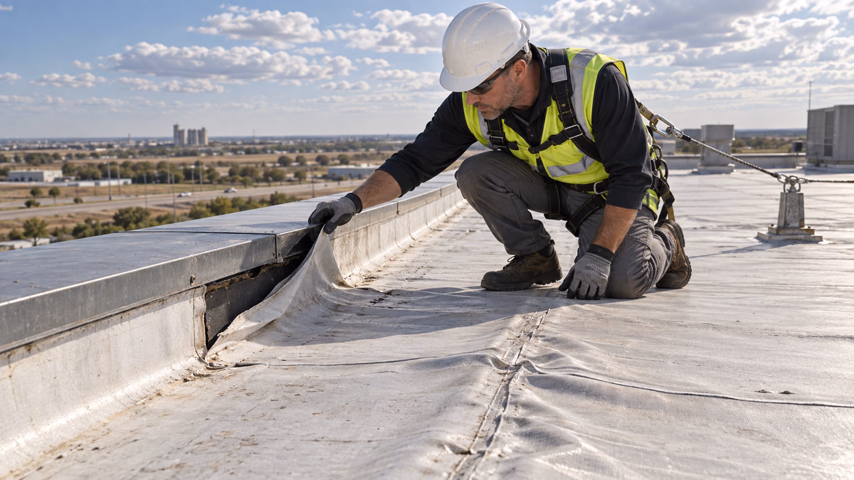 Commercial roofer inspecting membrane uplift near the perimeter of an Oklahoma City roof